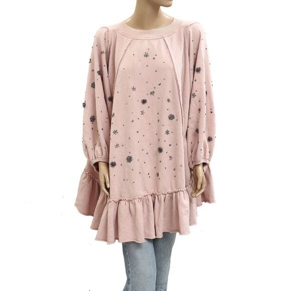 Free People Beaded Embellished Sweatshirt Top Pullover Ruffle Pink M NWD 280862 - Picture 1 of 5